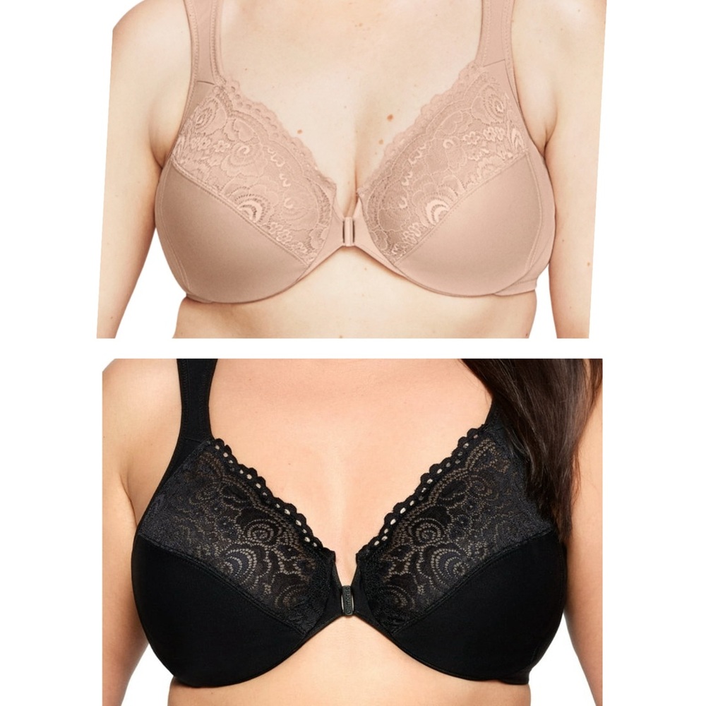 Glamorise WonderWire Front-Closure Underwire Bras 1245 x2 Tan Black 38 DD